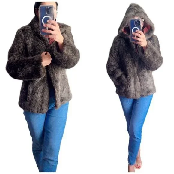 Vintage Brown Real Fur Hooded Zip Jacket Size Medium Mobwife Retro Style - Picture 1 of 10